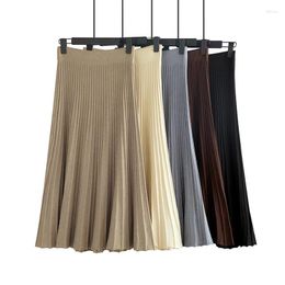 Skirts HLBCBG-Vertical Striped Knitted For Women Elastic Band Pleated Midi Chic High Waist Female A-line