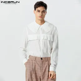 Men's Casual Shirts Fashion Style Tops INCERUN Mens Solid Pleated Design Thin Male Chiffon Micro Transparent Long Sleeved Blouse S-5XL