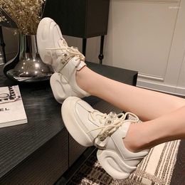 Casual Shoes Full Leather Sneakers Sweet Pearl Flower Decor Chunky Dad Cosy Lace Up Women Sport