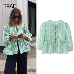 Women's Blouses O-Neck Short Sleeves Bow Lace Up Top Women Shirts Spring 2024 Striped Crop Blouse Korean Style Shirt Youthful Elegant