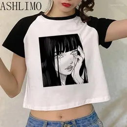 Women's T Shirts Anime Ito Junji T-shirt Women Harajuku Kawaii Korea Casual Crop Tops Y2K White Patchwork Shirt