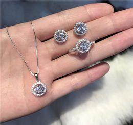 Trendy Diamond Jewellery set Real 925 Sterling Silver Party Wedding Rings Earrings Necklace For Women Bridal moissanite Jewelry3564518