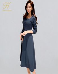 H Han Queen Korean Style Solid Colour Aline Dress Winter 2019 Women Office Wear Dresses Square Collar Midcalf Swing Vestidos4874457