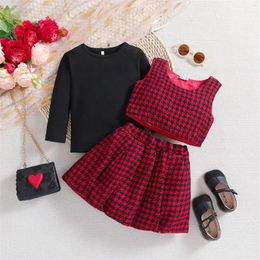 Clothing Sets 1-6Y Kids Toddler Girls Autumn Winter Clothes Solid Long Sleeve Tops Plaid Vest Skirts 3PC Outfits Fashion