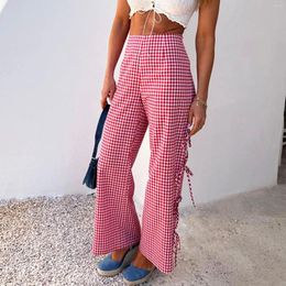 Women's Pants Thorn Tree Women Spring Summer Y2k Plaid Print Loose Long Side Tie Bow Wide Leg High Waist Trousers Lounge