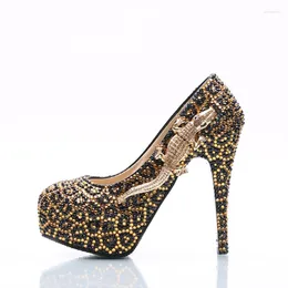 Dress Shoes Plus Size Black With Gold Rhinestone Wedding Leopard Head Decoration Bridal Nightclub Party Prom Pumps