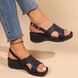 Casual Shoes 2024 Women's Summer Style Simple Solid Colour Thick-Soled Wedge Open-Toe Leather Beach Sandals For Women