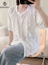 Women's Blouses Shirts New pure cotton white womens short sleeved hollow embroidered top womens retro casual shirt 2024 summer T44062QML2405