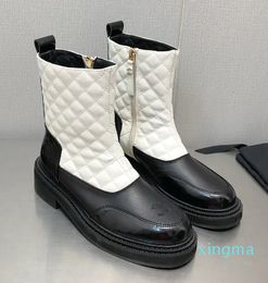Top Quality Winter New Zip Decor Motorcycle Boot Woman patent Leather Thick Sole Short Boot Round Toe Designer Ankle boots Plaid Booties city boots