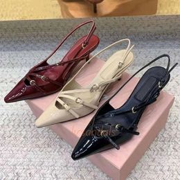 Luxury designers shoes Burgundy Low Heel Pumps Patent leather Slingback with buckles Ankle Strap Kitten heels Sandal Stiletto Heel Evening Dress Women Shoe