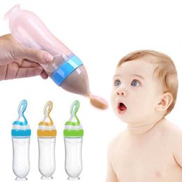 Cups Dishes Utensils Safe newborn baby feeding bottle baby suction cup silicone squeezing feeding spoon milk bottle baby training feeder food supplementL2405