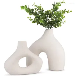 Vases 2pcs Ceramic Vase For Modern Minimalist Bohemian Decor Round Matte Donut Flowers Pampas Grass-Perfect Living Room