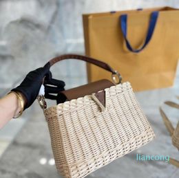 Shopping Bags Summer Beach Straws Weave Tote Hollow Out Letter Leather Shoulders Strap