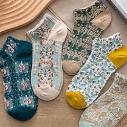 Women Socks 2 Pairs Harajuku Kawaii Girl Vintage Ankle Polyester Cotton Skin-friendly Floral Invisible Breathable