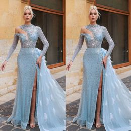 Dresses Hollow Appliques Prom Beads O-Neck Mermaid Designer Side Split Feathers Sweep Train Custom Made Shining Party Evening Dress Vestido De Noite