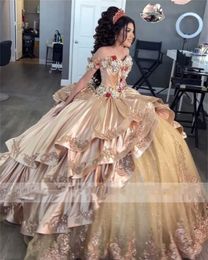 Princess Mexico 2024 Champagne Gold Quinceanera Dresses Off The Shoulder Satin Ruffels Ball Gown Sweet 16 Dresses vestidos