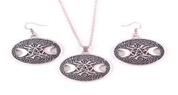 Gold Triple Moon Goddess Wicca Pentagram Magic Amulet Pendant Women Tree Moon Necklaces Earring Set Jewelry3323865