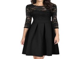 Plus Size Black Dress Women Summer 2020 Fashion Sexy Casual Lace Hollow Out Three Quarter Patchwork Party Dress Women Vestidos8017940