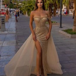 Champagne Mermaid Prom Dresses Princess Sleeveless Strapless Appliques Sequins Beads Bateau Lace Side Slit Floor Length Party Gowns Plus Size Custom Made 0431