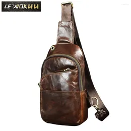 Waist Bags Genuine Leather Men Casual Fashion Travel Triangle Chest Sling Bag Design 8" Tablets One Shoulder Strap Daypack Male 8010c