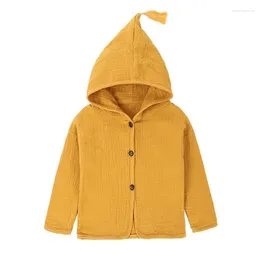 Jackets Children's Jacket 2024 Boys' And Girls' Clothing Tassel Hat Design Cotton Linen Cardigan Solid Colour