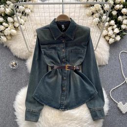 Женские блузки Clothland Women Wintage Denim Blouse Bock Pocket с длинным рукавом односпальная рубашка для рубашки палочке Mujer LB063