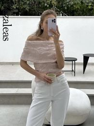 Women's Sweaters 2024 Bazaleas Elegant Pink Knitted Pullover Tops Official Store Off Shoulder Ruched Vintage Causal Strapless