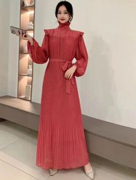 Casual Dresses 2024 Spring Autumn Women Ruffled Stand Collar Long Sleeve Slim Dress High Quality Beading Solid Color Pleated