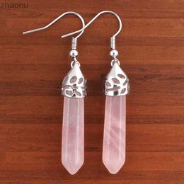 Dangle Chandelier Natural Treatment Crystal Rose Pink Quartz Stone Earrings Azure Amethyst Hexagonal Pillar Hook Earrings XW