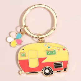 Keychains Lanyards Cute Enamel Keychain Colorful Flower Touring Car Key Ring Recreational Vehicle Key Chains For Women Men DIY Handmade Jewelry