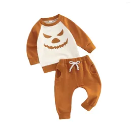 Clothing Sets Toddler Boys Halloween Autumn Sports Clown Print Long Sleeve Round Neck Pullover Suit Solid Colour With Pocket Pants Kid Hoodie