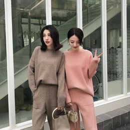 Women's Two Piece Pants 2 Pieces Sets Warm Knitted Tracksuit Autumn Winter O-Neck Sweater And Casual Harme Pullover Suits