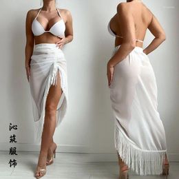 Women Beach Dress Cover Up 2024 Sundress Fringe Skirt Split Chiffon Bikini Apron Solid Polyester Bath Clothes Long Bathing For