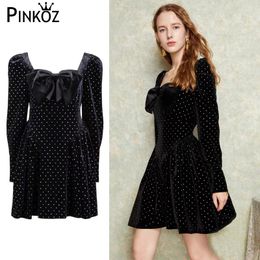 Casual Dresses Pinkoz Runway Designer Black Polka Dot A-line Mini Dress Bow Full Sleeve Gothic Chic High Waist Girl Elegant Velvet