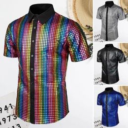 Men's T Shirts Men Club Disco Shirt Vintage 70s With Reflective Sequins Turn-down Collar Short Sleeve Button For Parties