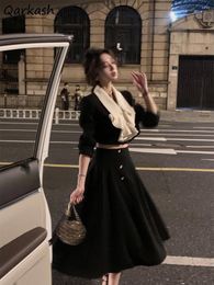 Work Dresses Women Sets Turn-down Collar Coat Black Midi Skirt Trendy Chic Elegant Streetwear Europran Fashion Retro Prevalent Ins Spring