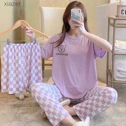 Women's Sleepwear New Womens Summer Three Piece Pajamas Womens Short Sleep Trousers Cartoon Casual Womens Pajama Set WX