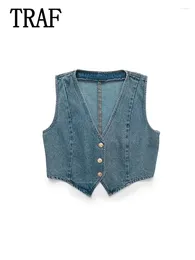 Women's Vests 2024 Spring Blue Denim For Women Sleeveless Coat Cropped Jacket Woman Waistcoat Streetwear Outerwear