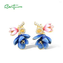 Dangle Earrings SANTUZZA 925 Sterling Silver For Women Sparkling CZ Blue Ename Blooming Flowers Trendy Wedding Party Gifts Fine Jewelry