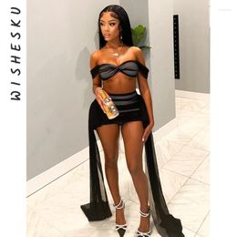 Work Dresses 2 Piece Set Women Mesh See Through Outfits Sexy Off Shoulder Corset Crop Top High Waist Ribbon Mini Skirts 2024 Summer Clothes