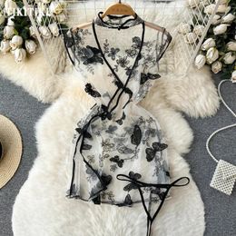 Women's Sleepwear Sheer Erotic Lace Pyjamas Women Embroidery Lace-up Skinny Split Cheongsam Underwear Summer Lingerie Mesh Halter Night