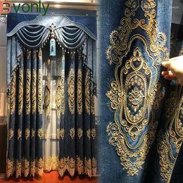Curtain Blue High-grade Embroidered Window Screen Hollow Chenille Curtains For Living Room Bedroom French Balcony