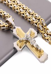 Multilayer Christ Jesus Pendant Necklace Stainless Steel Link Byzantine Chain Heavy Men Jewellery Gift 21.65" 6mm MN782753818