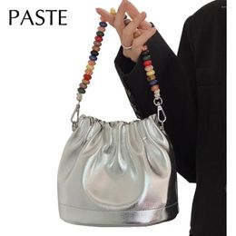 Shoulder Bags Holiday Wind Colourful Beading Handle Bucket Tote Small Gold Silver Split Leather Women Bag Leisure Time Ladies Handbag