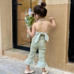 Clothing Sets 2Pcs Kids Adorable Plaid Backless Children's Set For Girls With Elastic Strap Top And Flare Pants 2-7 Years