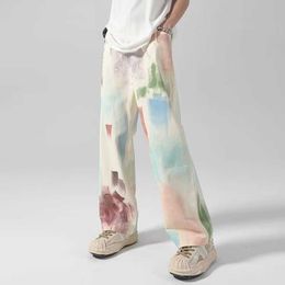 Colorful graffiti tie dyed jeans for men summer high street trendy hiphop loose hip-hop wide leg long pants