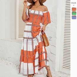 Designer Dress Summer one line neck short sleeved striped ruffled edge dress for women Plus size Dresses