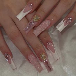 False Nails 24Pcs Press on Nails Long Square False Nails with Rhinestone Glitter White French Fake Nails Detachable Ballet Nail Art Tips T240507