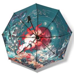 Gear Chinese Style Nine Tailed Fox Automatic Umbrellas Women Sunscreen Anti Ultraviolet Dualpurpose Sun Umbrella Rain Guarda Chuva