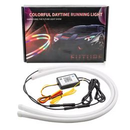 Car LED DRL Lamp Strip Flowing Daytime Running Lights RGB 60CM APP 12V Flexible Waterproof Turn Signal LED Tube Light Switchback DRL light White Yellow